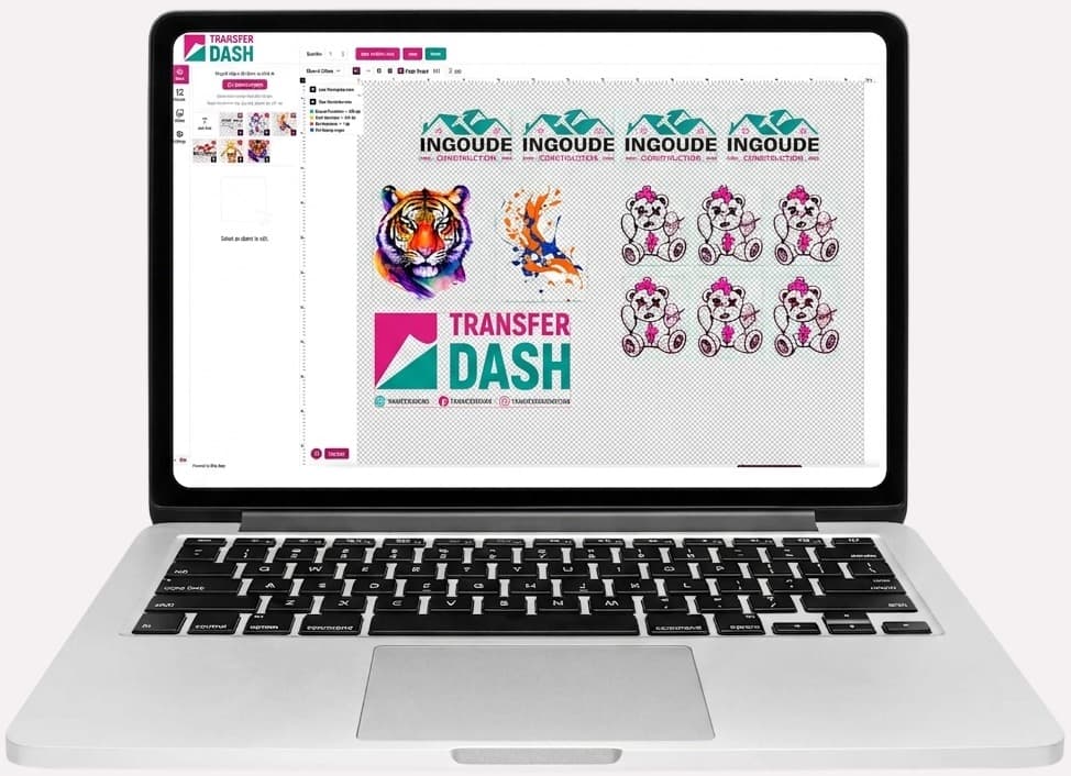 The TransferDash gang sheet builder open on a laptop, with designs arranged on a 22-inch sheet