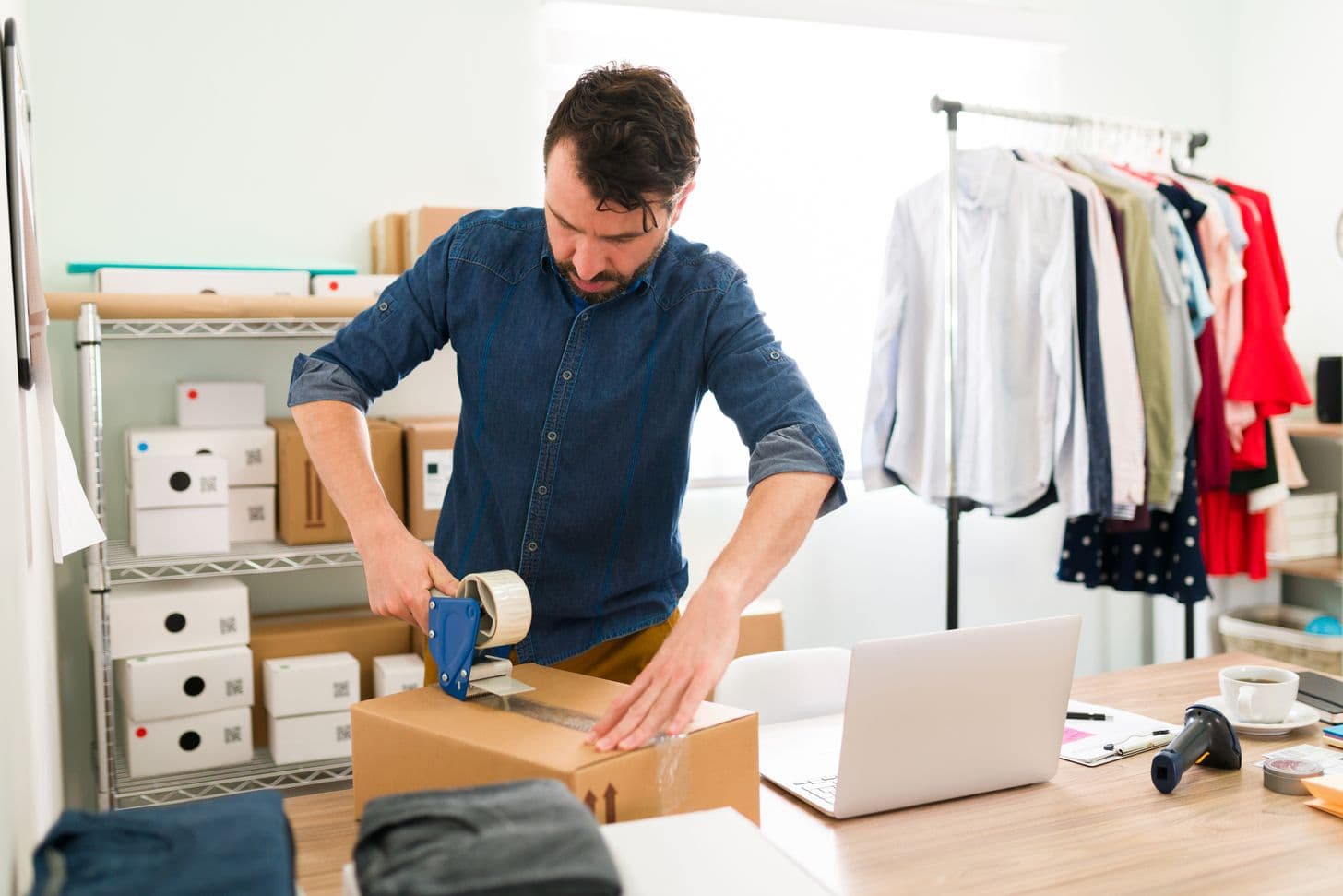 Small-business owner packing an order beside a laptop and a clothing rack