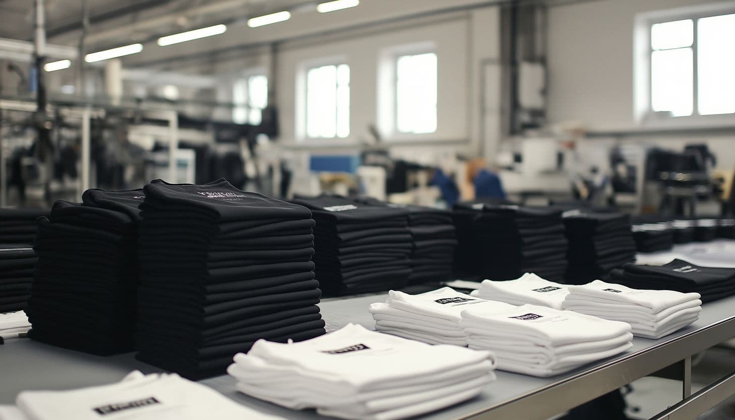 Stacks of folded black and white printed tees on a production table in a high-volume facility