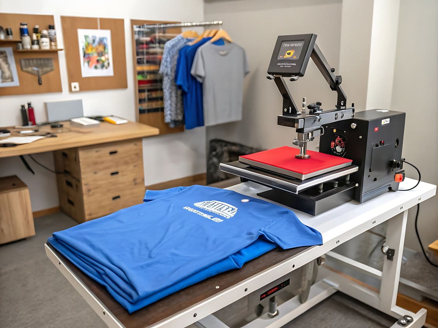 Transfer workshop with a heat press and a stack of blue tees ready for pressing